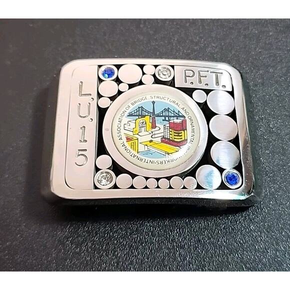 Vtg Bridge Structural Ornamental Ironworkers Belt Buckle NY Local 15 P.F.T COLOR